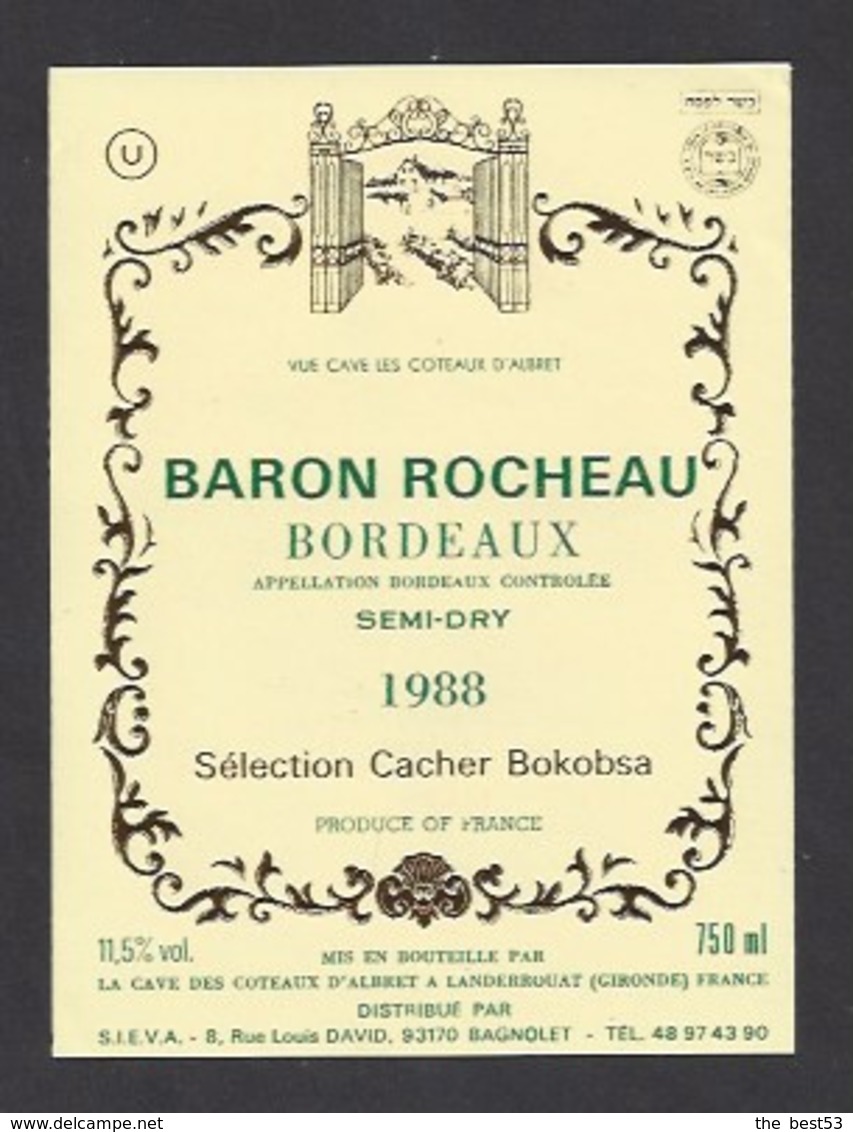 Etiquette De Vin Bordeaux  1988 -  Sélection Vin Cacher Bokobsa  -  Baron Rocheau  -  Thème Religion - Religions