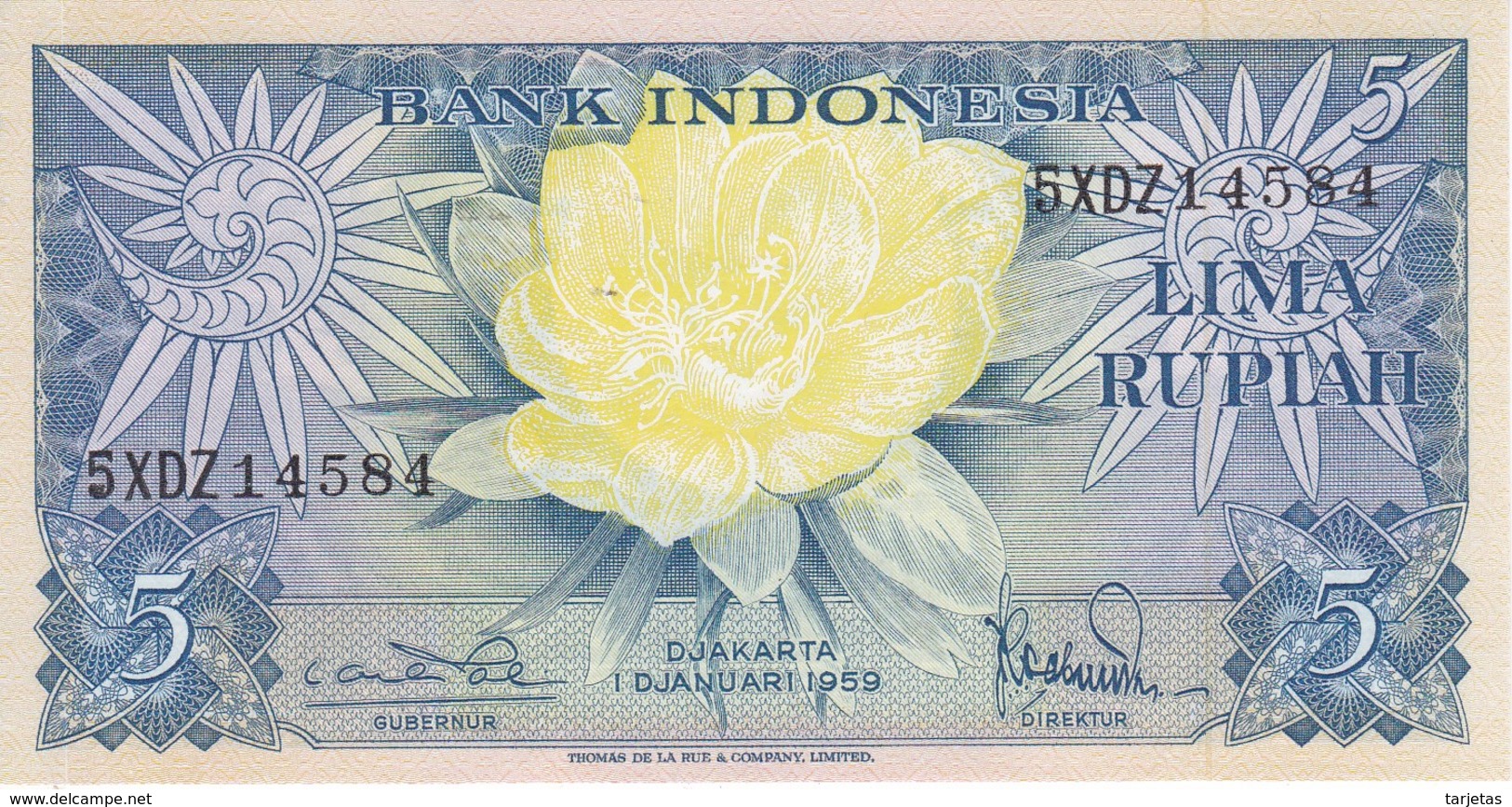 BILLETE DE INDONESIA DE 5 RUPIAH AÑO 1959 (FLOR-FLOWER-PAJARO-BIRD) (BANKNOTE) SIN CIRCULAR-UNCIRCULATED - Indonesia