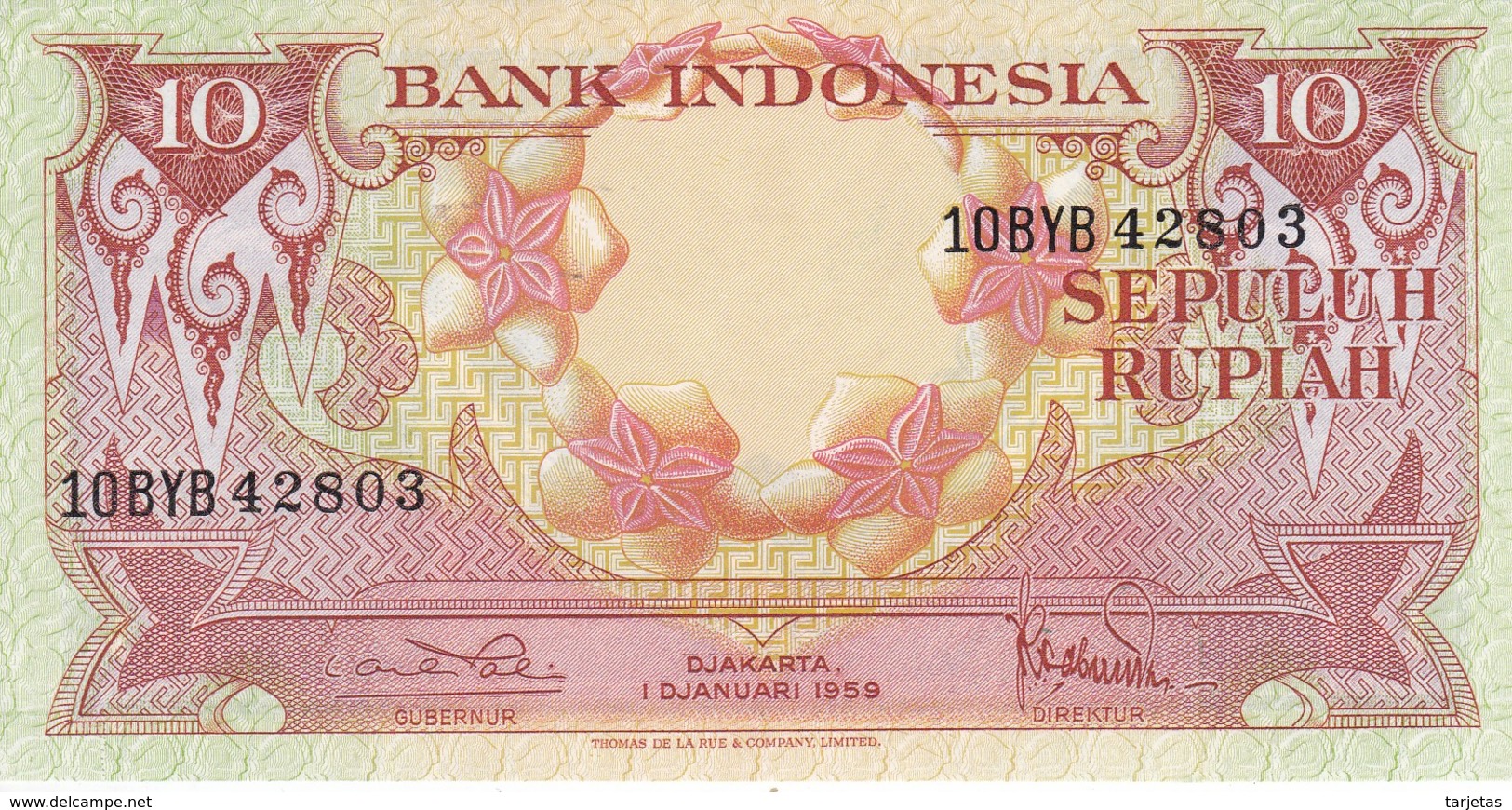 BILLETE DE INDONESIA DE 10 RUPIAH AÑO 1959 (FLOR-FLOWER-PAJARO-BIRD) (BANKNOTE) SIN CIRCULAR-UNCIRCULATED - Indonesia