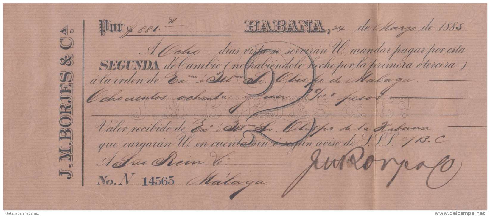 E6003 CUBA SPAIN ESPAÑA COLONIES. 1885. HAVA. BANK CHECK N. BORGES. - Cheques & Traveler's Cheques