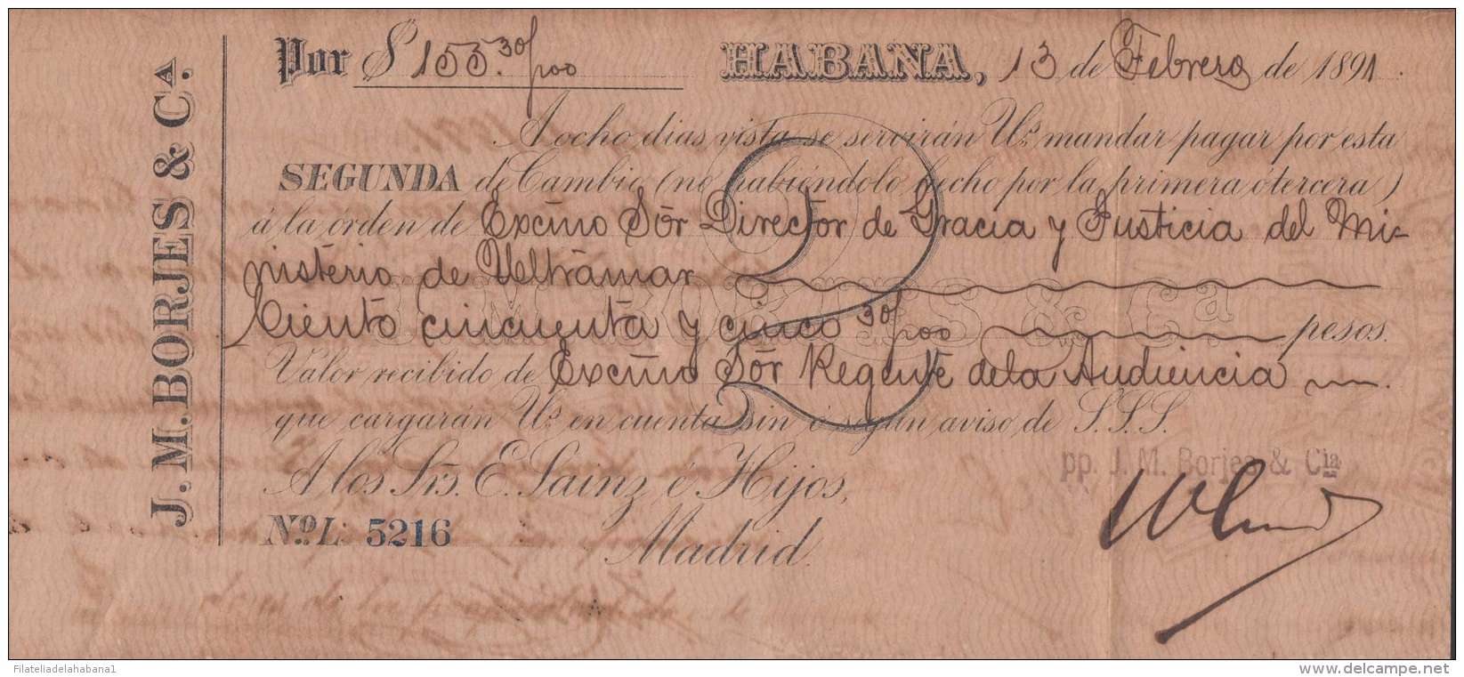 E6009 CUBA SPAIN ESPAÑA COLONIES. 1891. HAVA. BANK CHECK N. BORGES. - Chèques & Chèques De Voyage