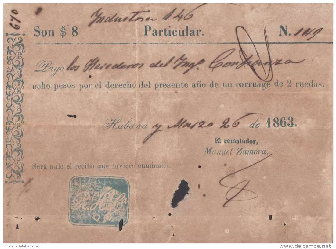 E6025 CUBA SPAIN ESPAÑA COLONIES. 1863. INVOICE CARRIAGES TAX. MATRICULA CARRUAGES. - Documentos Históricos