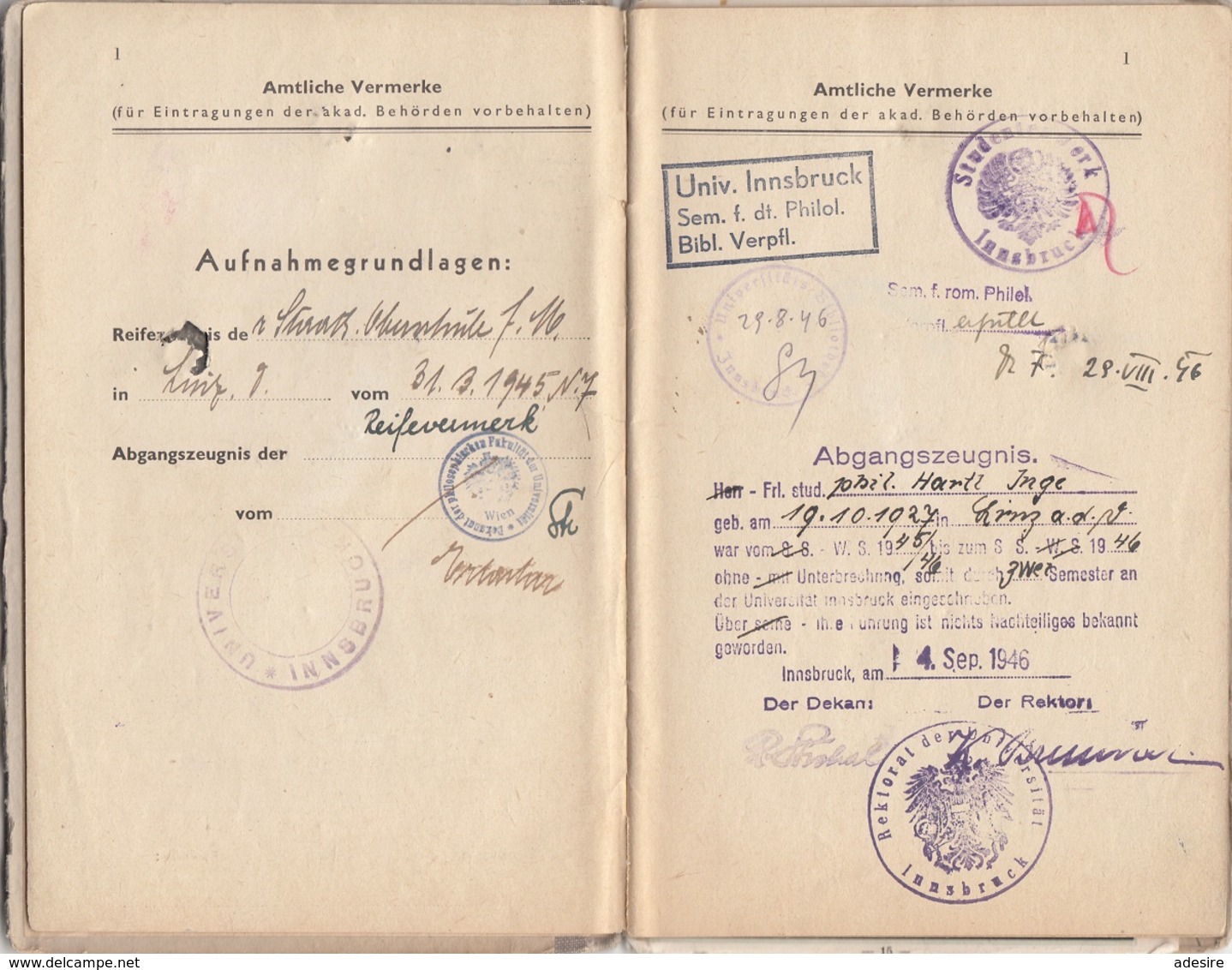 MELDUNGSBUCH PHILOSOPHISCHEN FAKULTÄT Der Universität Zu Innsbruck 1945, Voll Mit Eintragungen, Stempel U.Stempelmarken - Documents Historiques