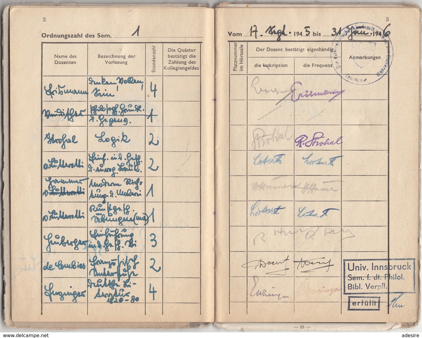 MELDUNGSBUCH PHILOSOPHISCHEN FAKULTÄT Der Universität Zu Innsbruck 1945, Voll Mit Eintragungen, Stempel U.Stempelmarken - Historische Dokumente