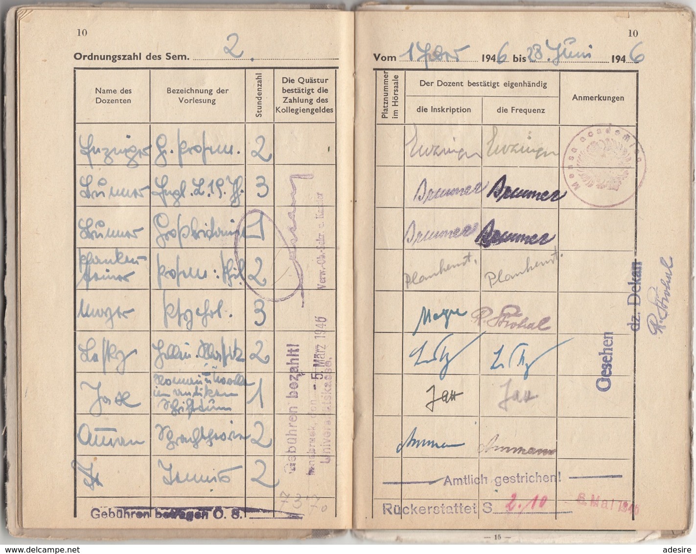 MELDUNGSBUCH PHILOSOPHISCHEN FAKULTÄT der Universität zu Innsbruck 1945, voll mit Eintragungen, Stempel u.Stempelmarken