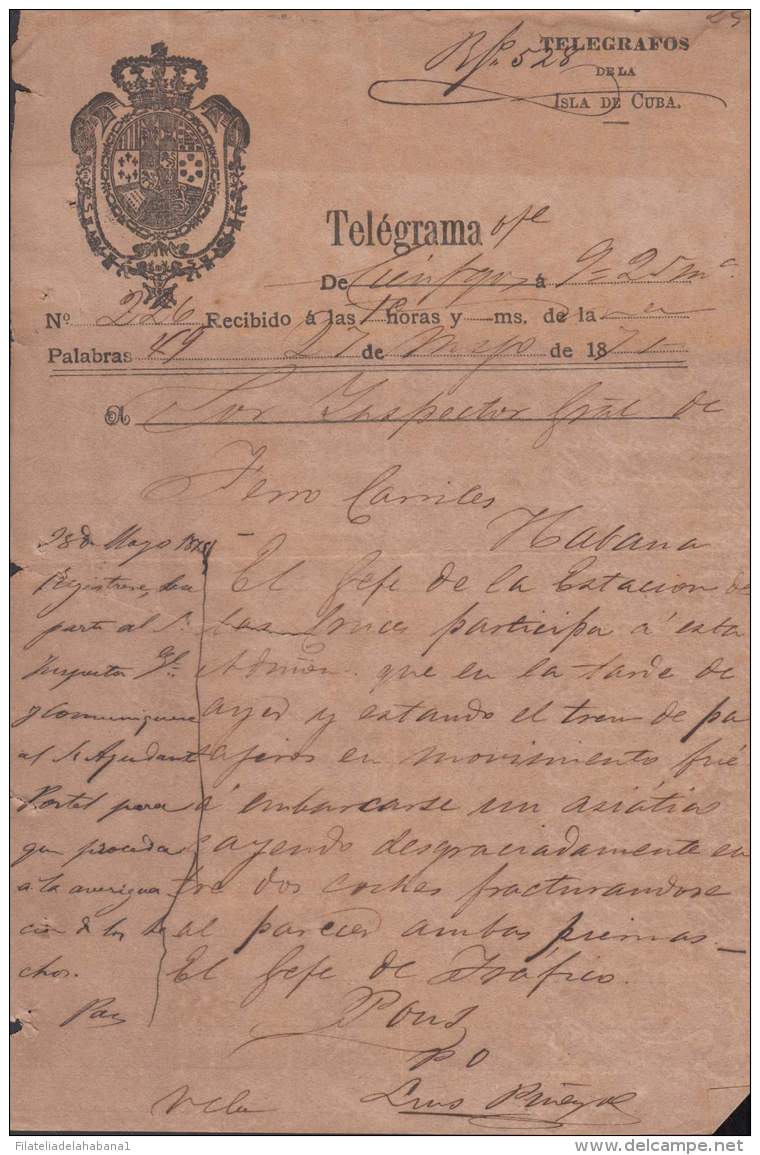 TELEG-230 CUBA SPAIN ESPAÑA. LG-1302. TELEGRAPH TELEGRAM TELEGRAMA 1875 RAILROAD INFORMATION. - Telegraph