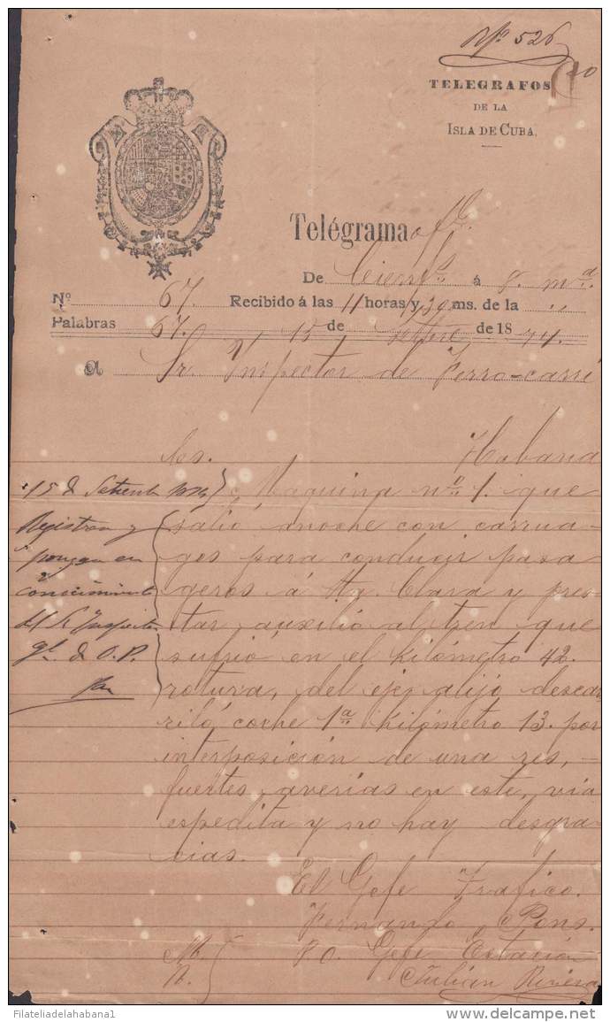 TELEG-231 CUBA SPAIN ESPAÑA. LG-1303. TELEGRAPH TELEGRAM TELEGRAMA 1874 RAILROAD INFORMATION. - Telegraph