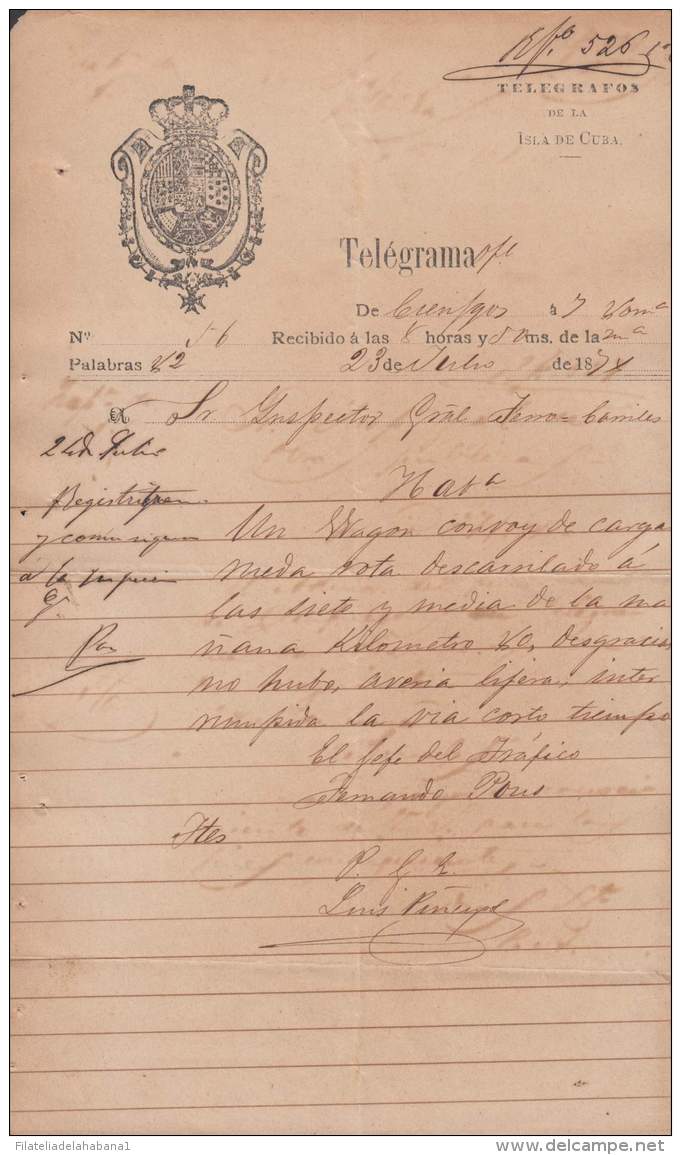 TELEG-232 CUBA SPAIN ESPAÑA. LG-1304. TELEGRAPH TELEGRAM TELEGRAMA 1874 RAILROAD INFORMATION. - Telegraph