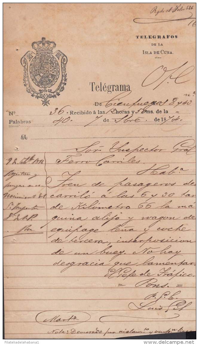 TELEG-234 CUBA SPAIN ESPAÑA. LG-1306. TELEGRAPH TELEGRAM TELEGRAMA 1874 RAILROAD INFORMATION. - Telegraphenmarken