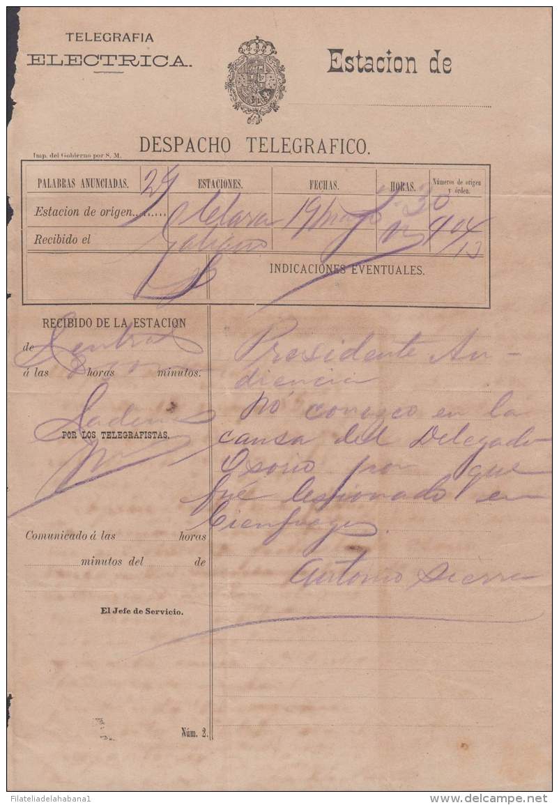 TELEG-239 CUBA SPAIN ESPAÑA. LG-1311. TELEGRAPH TELEGRAM TELEGRAMA CIRCA 1880. - Télégraphes