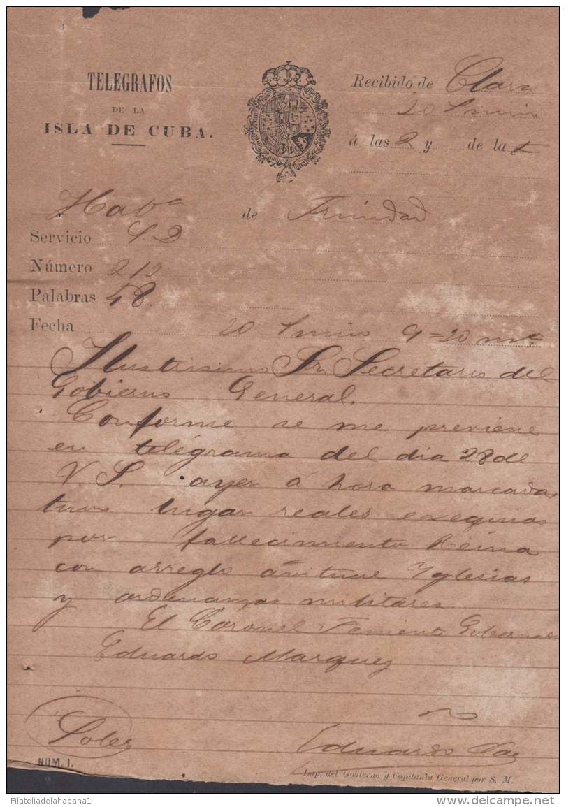 TELEG-240 CUBA SPAIN ESPAÑA. LG-1312. TELEGRAPH TELEGRAM TELEGRAMA 1878. HABANA A TRINIDAD. NOTICIA MUERTE DE LA REINA. - Telegrafo