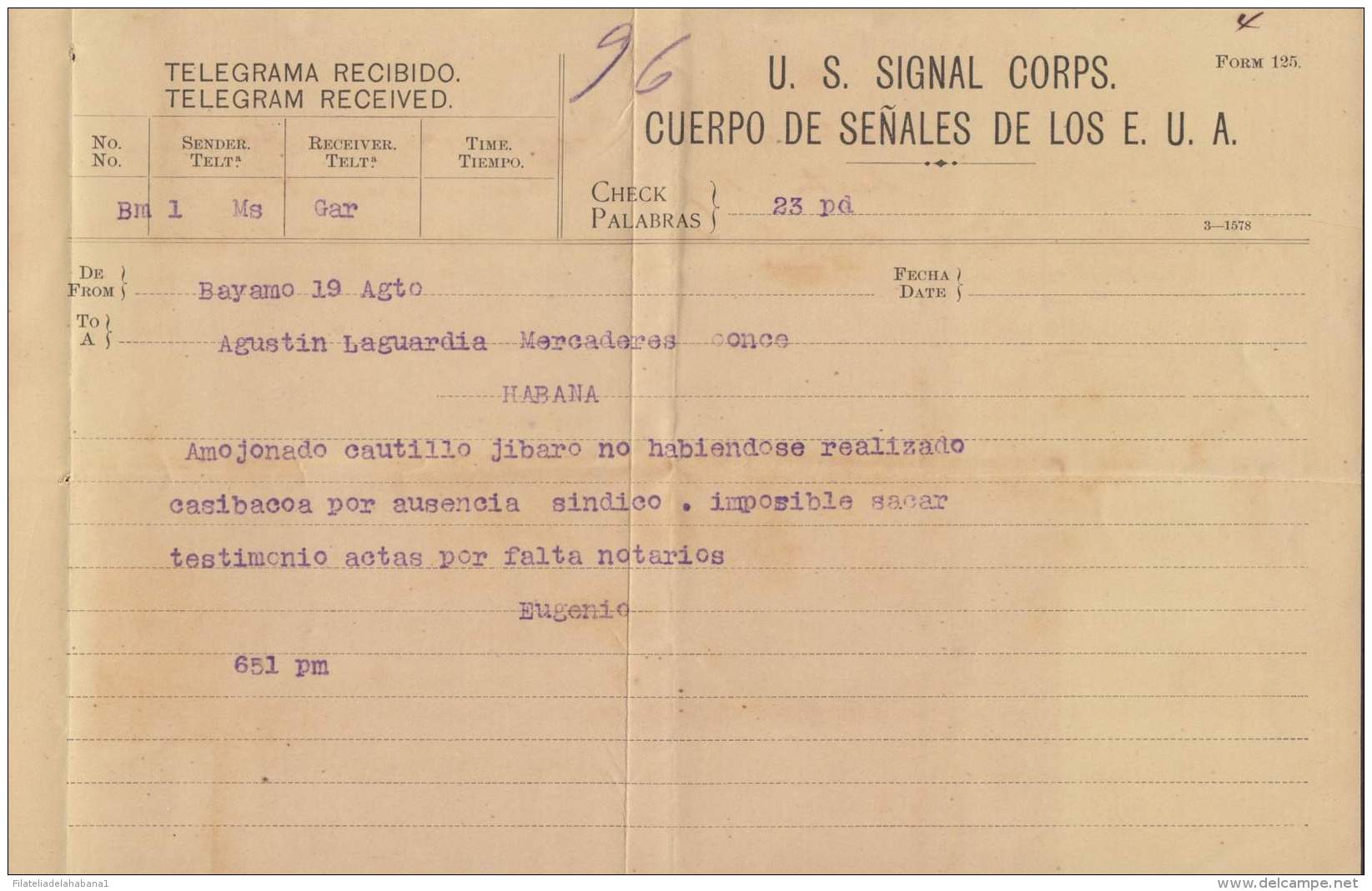 TELEG-243 CUBA US SIGNAL CORPS. LG-1315. TELEGRAPH TELEGRAM TELEGRAMA CIRCA 1899. - Telégrafo