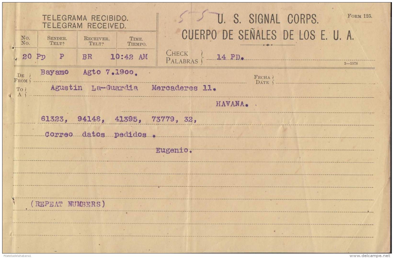 TELEG-244 CUBA US SIGNAL CORPS. LG-1316. TELEGRAPH TELEGRAM TELEGRAMA 1900. - Telegrafo