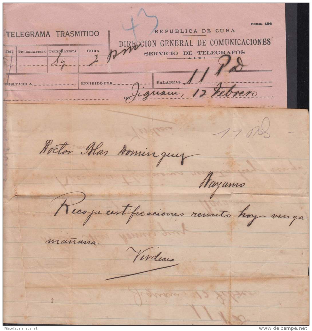 TELEG-245 CUBA. LG-1317. TELEGRAPH TELEGRAM TELEGRAMA TRANSMITIDO. CIRCA 1915. - Télégraphes