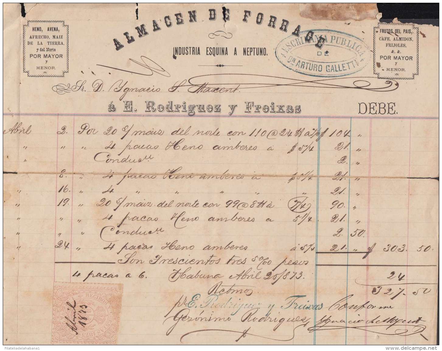 E6054 CUBA SPAIN ESPAÑA 1873 INVOICE ALMACEN DE FORRAGES + REVENUE RECIBOS Y CUENTAS 1873. - Segnatasse