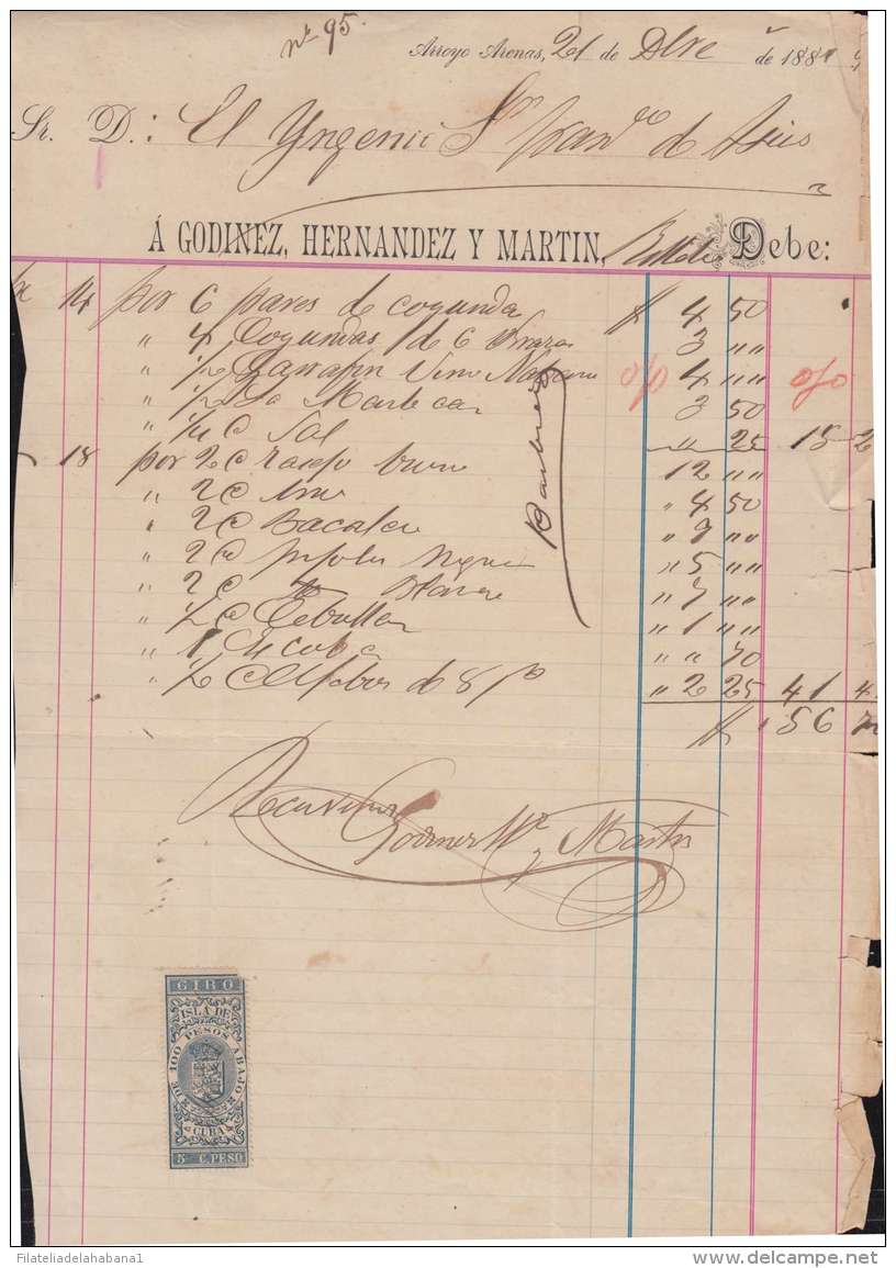 E6063 CUBA SPAIN ESPAÑA 1882 INVOICE ARROYO ARENAS ALMACEN COMIDA + REVENUE GIROS. - Portomarken