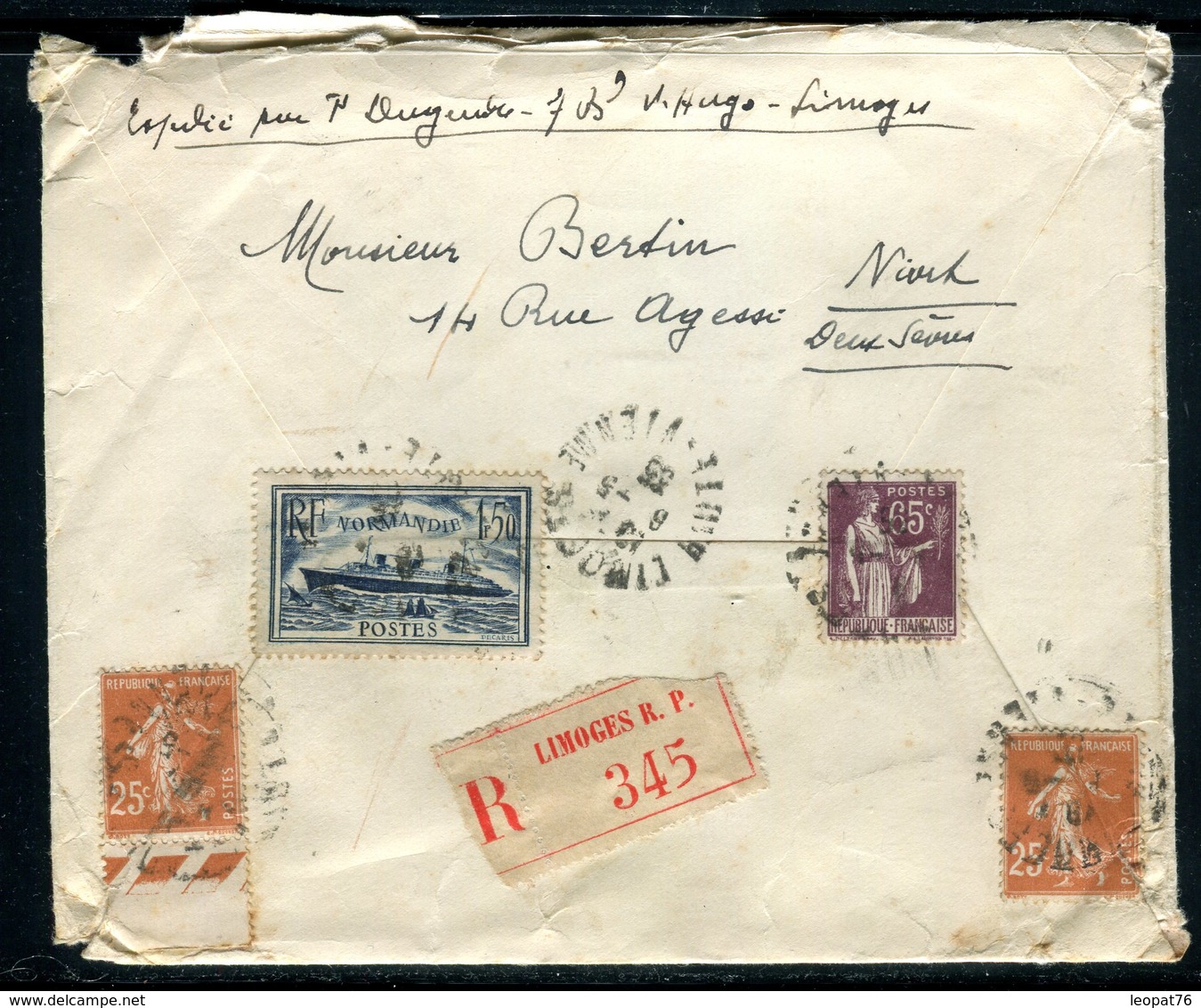 France - Enveloppe En Recommandé De Limoges Pour Niort En 1935 - Ref J20 - 1921-1960: Modern Period