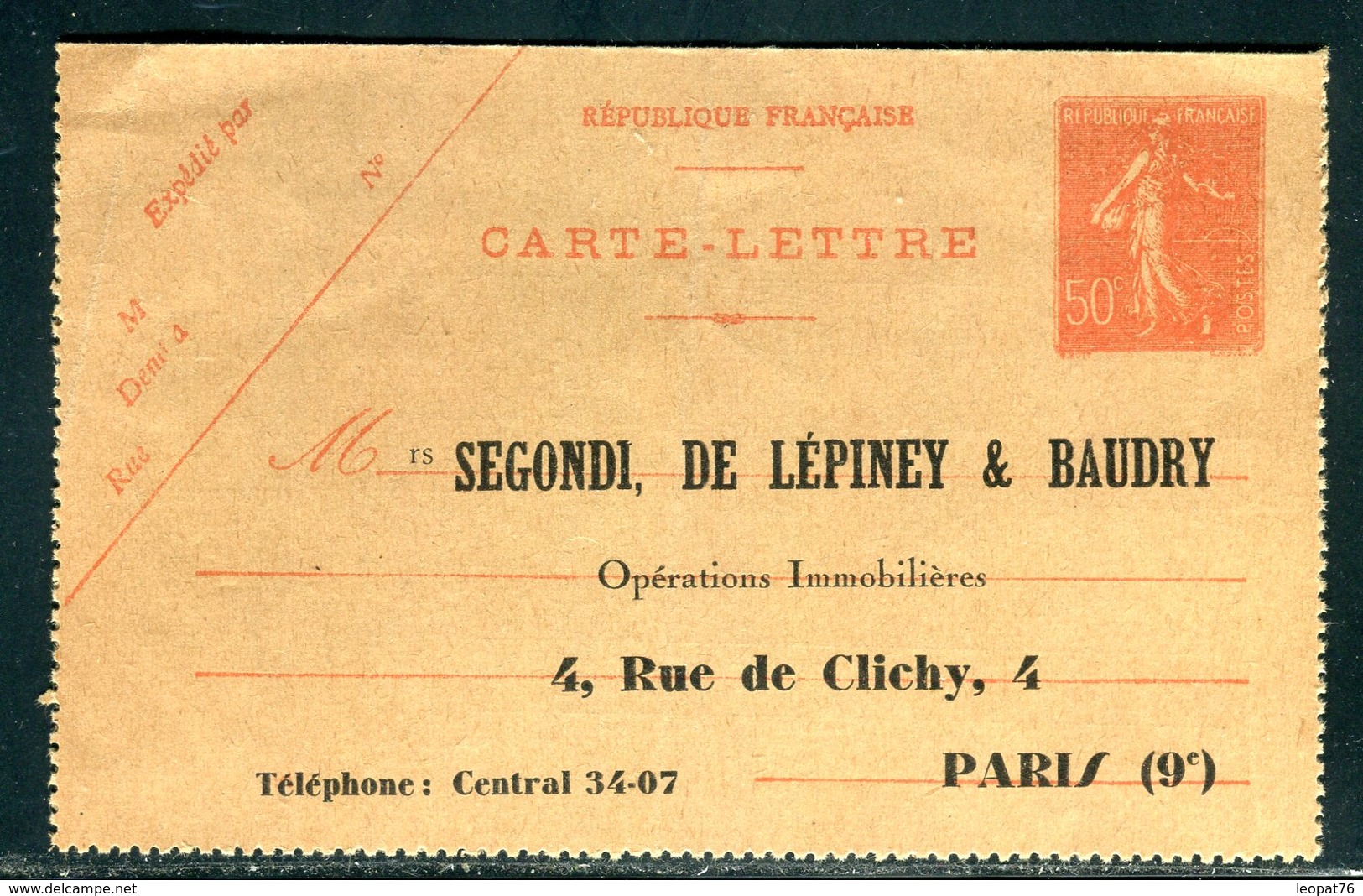 France - Entier Postal Carte Lettre , Repiquage Société Immobilière De Paris - Ref J34 - Letter Cards