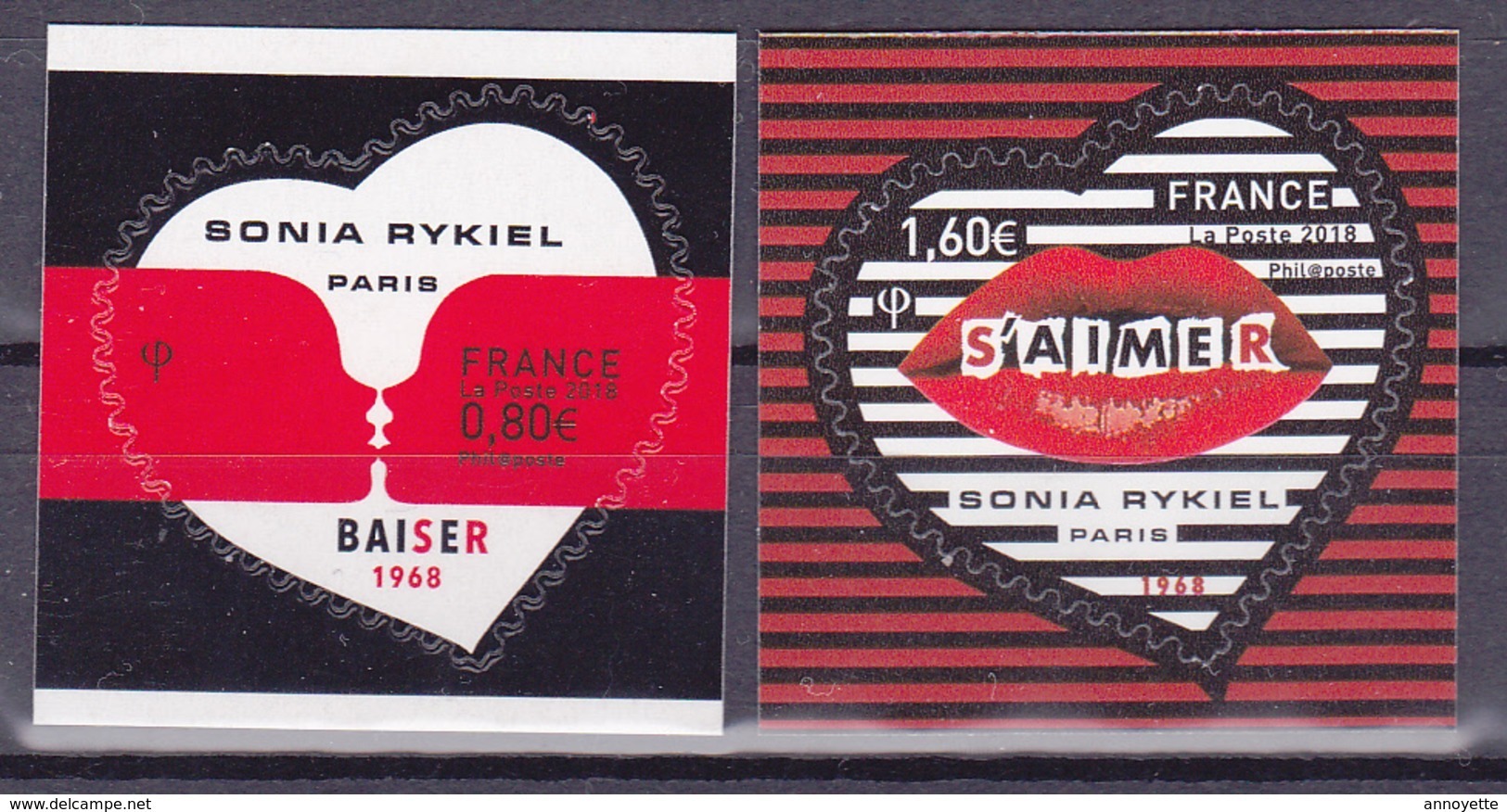 Série De 2 Timbres-poste Neufs** - Saint-Valentin Coeurs Sonia Rykiel - Adhésifs Entreprises - France 2018 - Autres & Non Classés