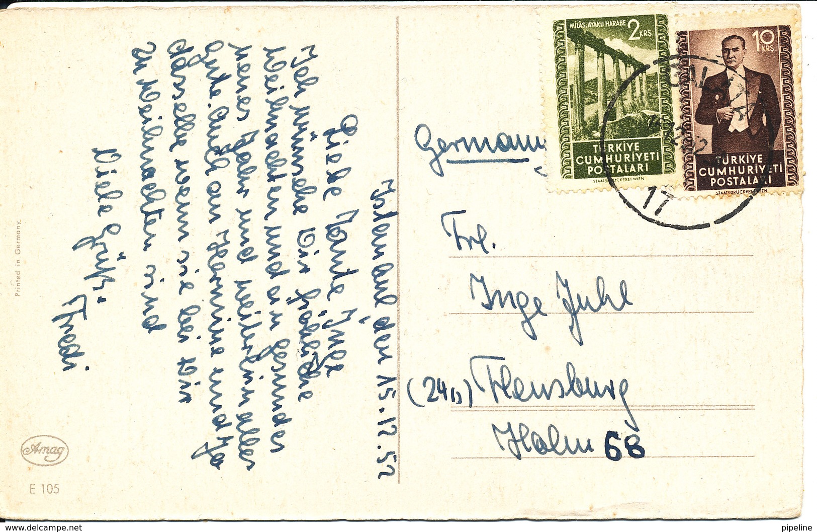 Turkey Christmas Card Sent To Germany 16-12-1952 - Turkey