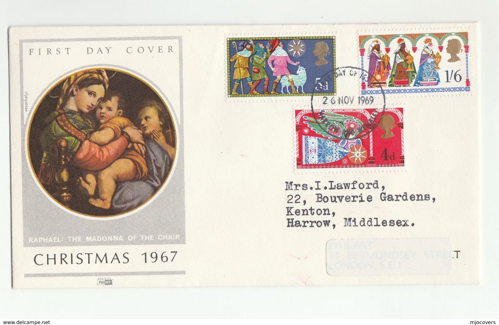 1969 Harrow GB FDC CHRISTMAS Stamps Sheep Religion Cover Raphael Art - 1952-1971 Pre-Decimal Issues