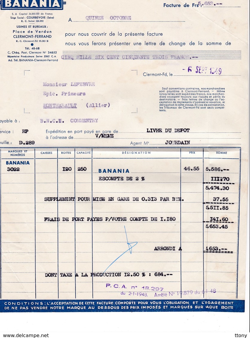 Une Facture   Entéte Banania     Année 1949   Clermond  - Fd - 1900 – 1949