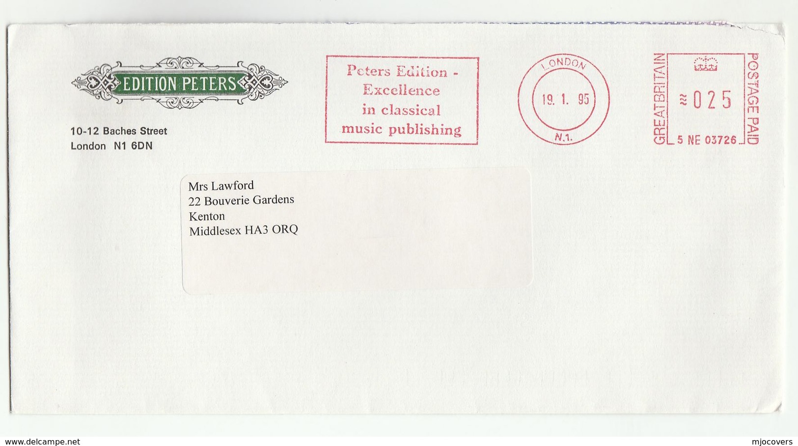 1995 GB ADVERT Cover METER  EXCELLENCE CLASSICAL MUSIC PUBLISHING Peters Edition, Slogan Stamps - Music