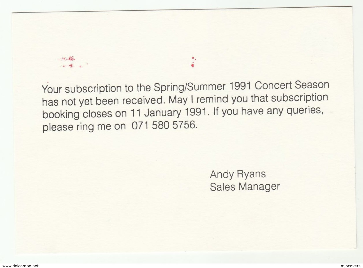 1990 GB The PHILHARMONIA Card Re 1991 Concert Season Music 2nd Paid Meter Stamps Advert Cover - Covers & Documents