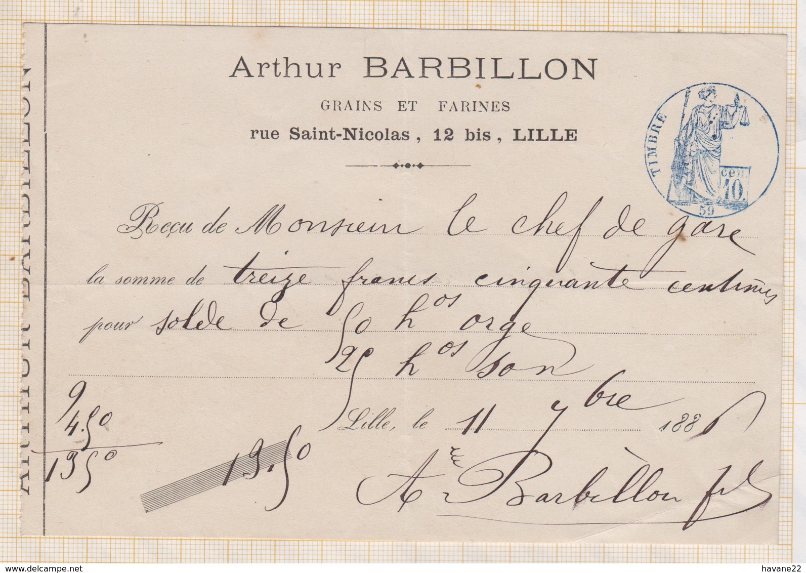 8/108 Lettre Facture Reçu BARBILLON GRAINS LILLE / 1886 - 1800 – 1899