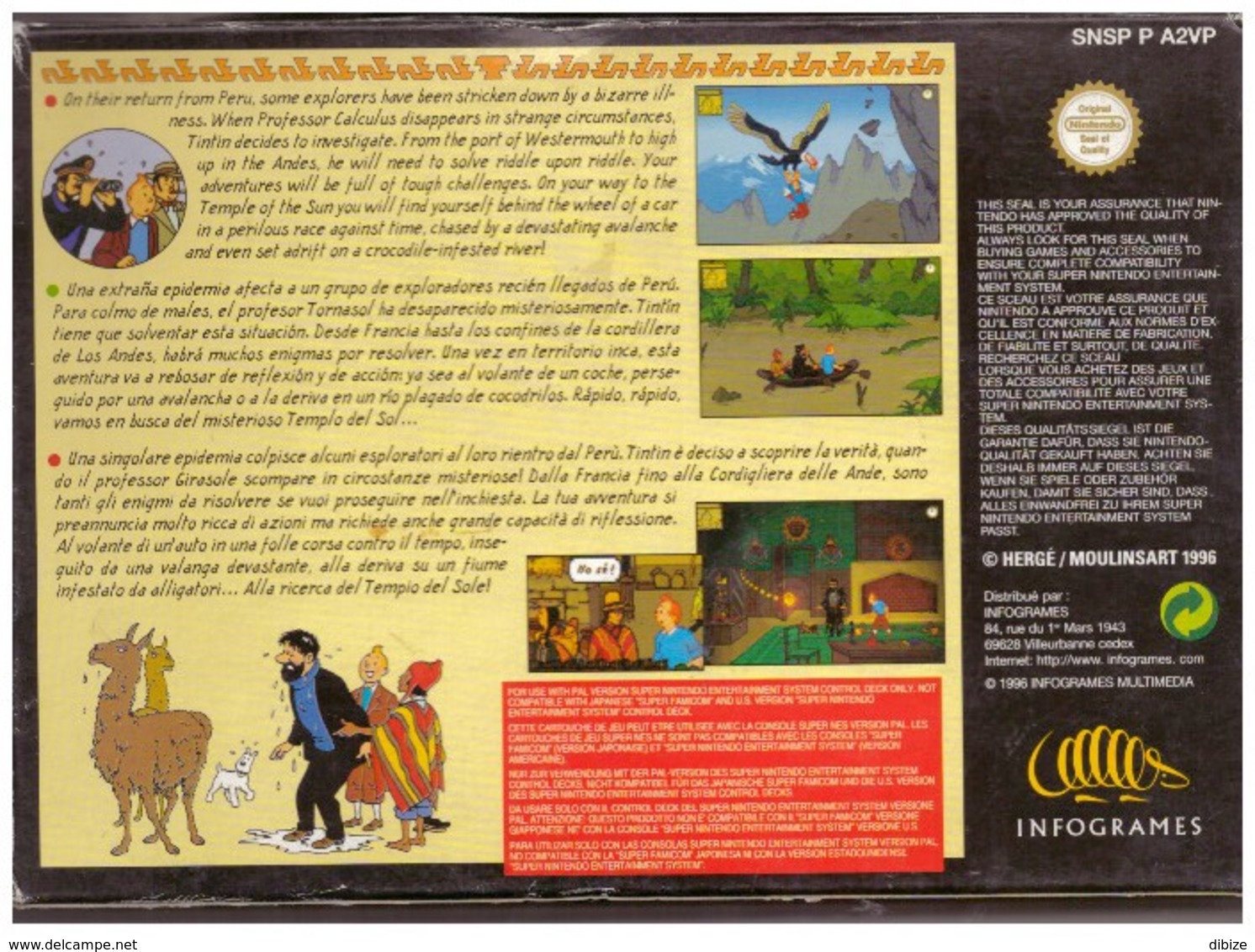 Cartouche Jeu Super Nintendo Tintin Le Temple Du Soleil - Other & Unclassified