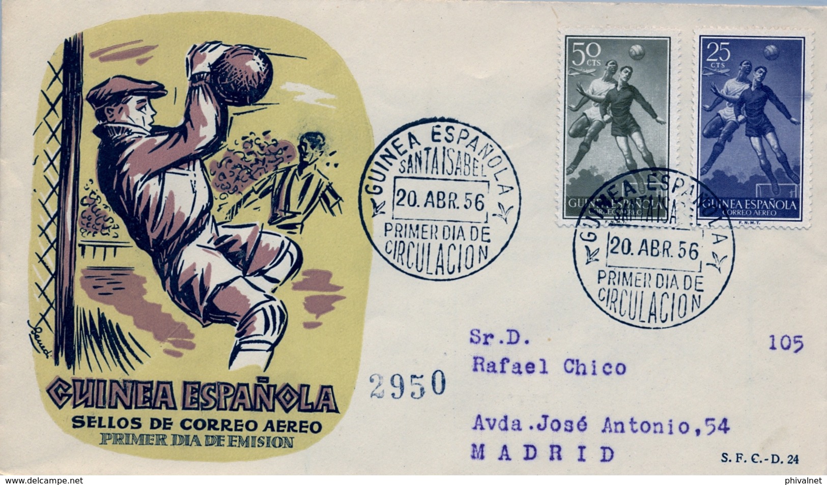 1956 , GUINEA ESPAÑOLA , SOBRE DE PRIMER DIA , ED. 350 - 351 , SERIE BÁSICA , FÚTBOL - Guinea Española