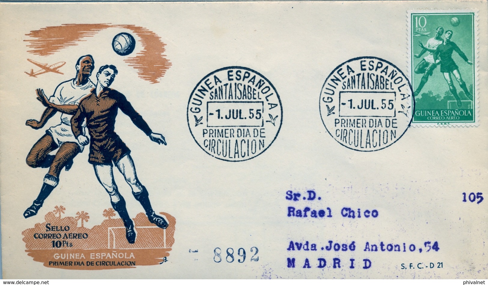 1956 , GUINEA ESPAÑOLA , SOBRE DE PRIMER DIA , ED. 354 , SERIE BÁSICA , FÚTBOL - Guinea Española