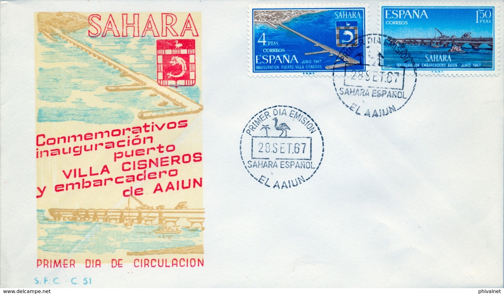 1967 , SAHARA ESPAÑOL , SOBRE DE PRIMER DIA , ED. 260 / 261 , INSTALACIONES PORTUARIAS - Spanish Sahara