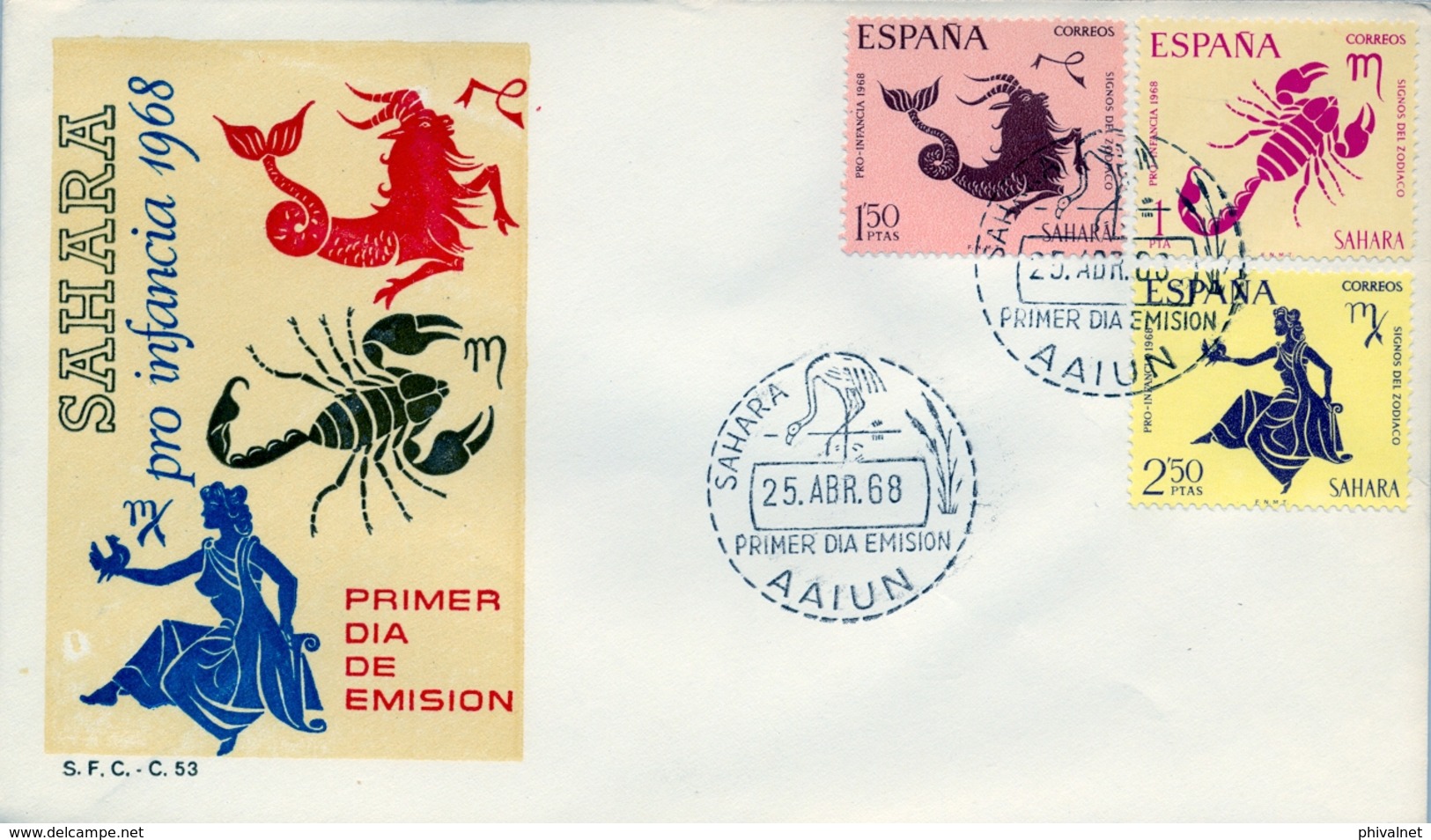 1968 , SAHARA ESPAÑOL , SOBRE DE PRIMER DIA , ED. 265 / 267 , PRO INFANCIA , SIGNOS DEL ZODIACO - Sahara Español