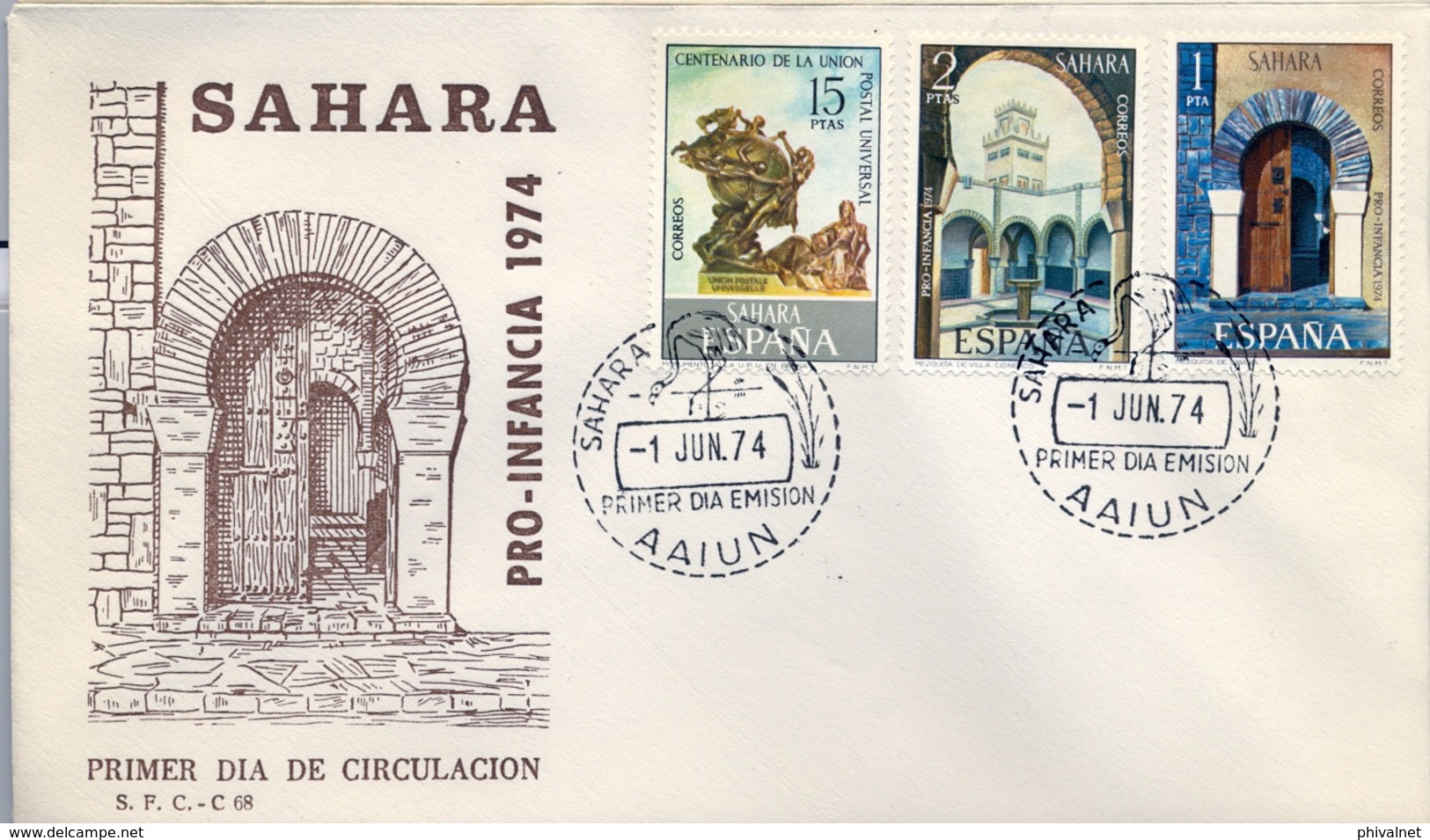 1974 , SAHARA ESPAÑOL , SOBRE DE PRIMER DIA , ED. 314 / 316 , U.P.U. , PRO INFANCIA , MEZQUITAS - Sahara Español