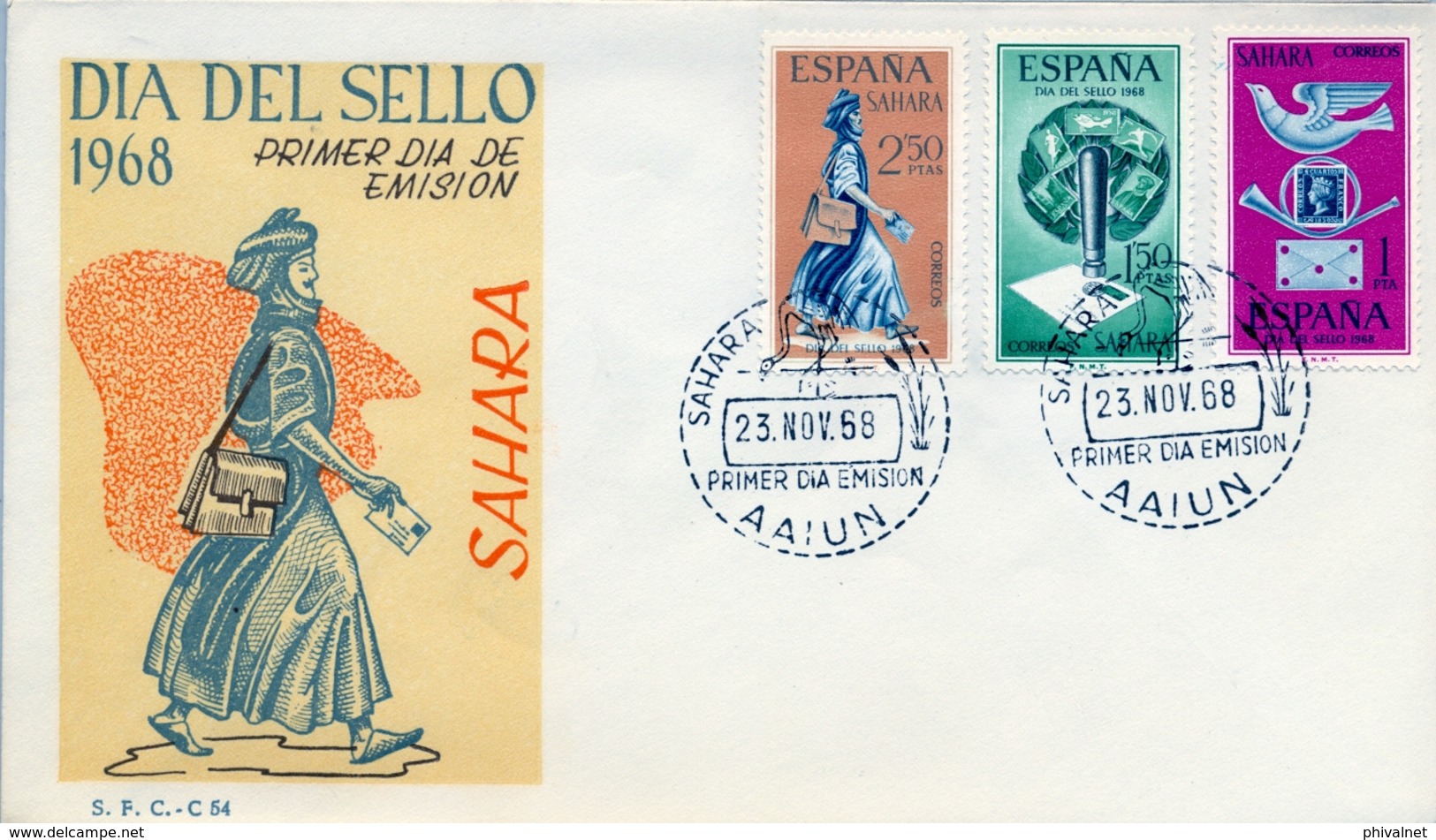 1968 , SAHARA ESPAÑOL , SOBRE DE PRIMER DIA , ED. 268 / 270 , DIA DEL SELLO - Sahara Español