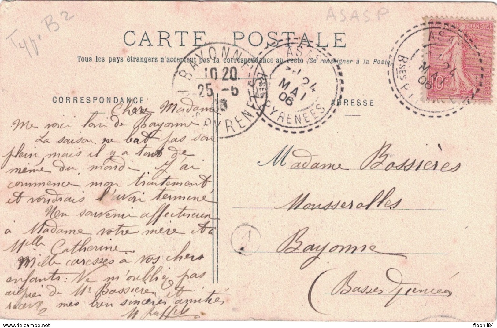 PYRENEES-ATLANTIQUE - ASASP - T84 DU 24 MAI 1906 / SEMEUSE - BOITE RURALE SUPPLEMENTAIRE A/2 - DE SAINT-CHRISTAU - CARTE - Handstempel