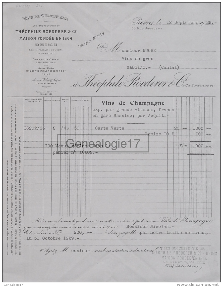 51 825 REIMS MARNE 1929 Vins De Champagne THEOPHILE ROEDERER Rue Jacquart à Mr BUCHE De MASSIAC - Agricoltura