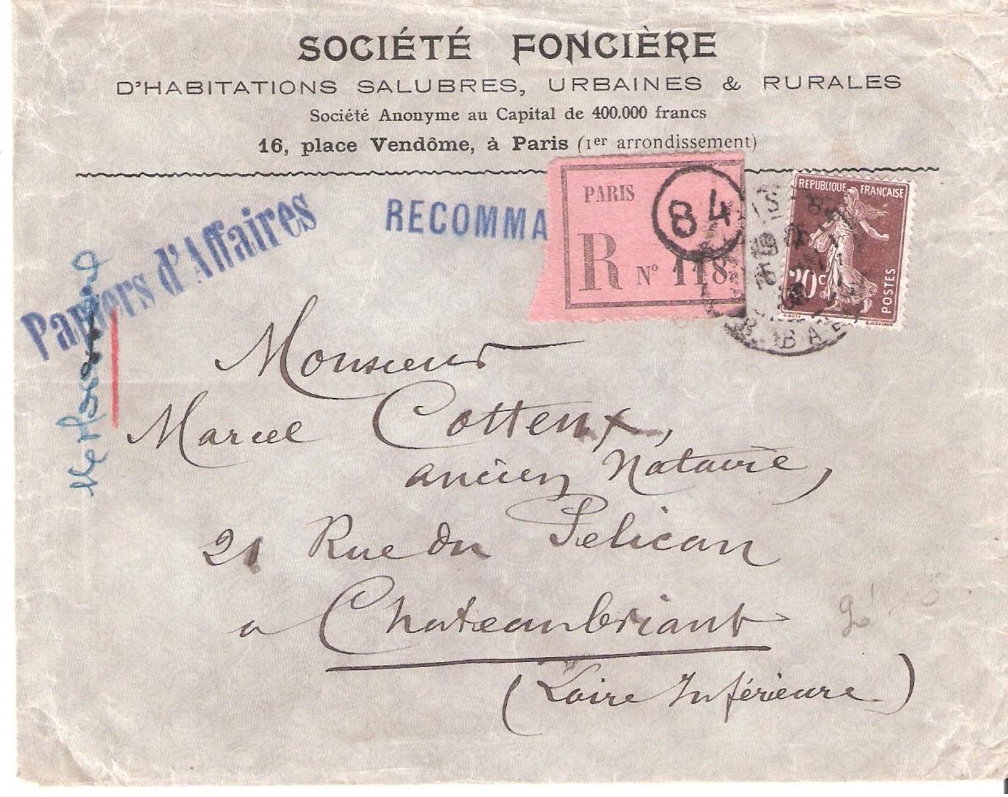 20c.semeuse Camée Brun Sur PAPIERS D'AFFAIRES Recommandé Oblitéré PARIS 84 Pour CHATEAUBRIAND - 1921-1960: Période Moderne