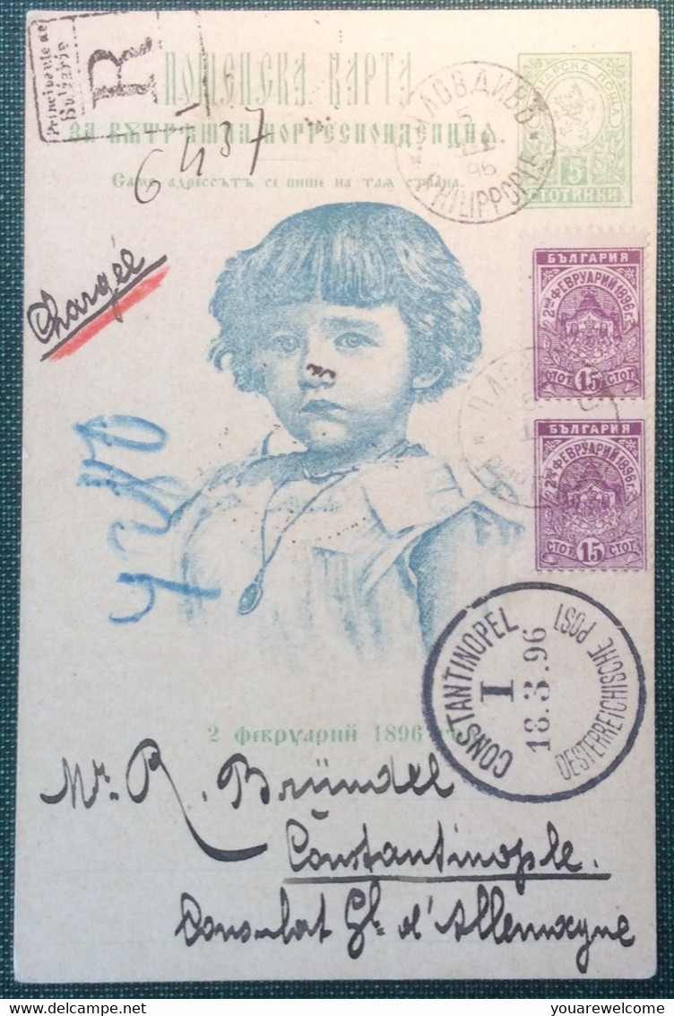 Bulgaria REGISTERED Postal Stationery Card PHILIPPOPLE 1896 > Constantinople (cover Lettre Bulgarie Enfant Children - Brieven En Documenten