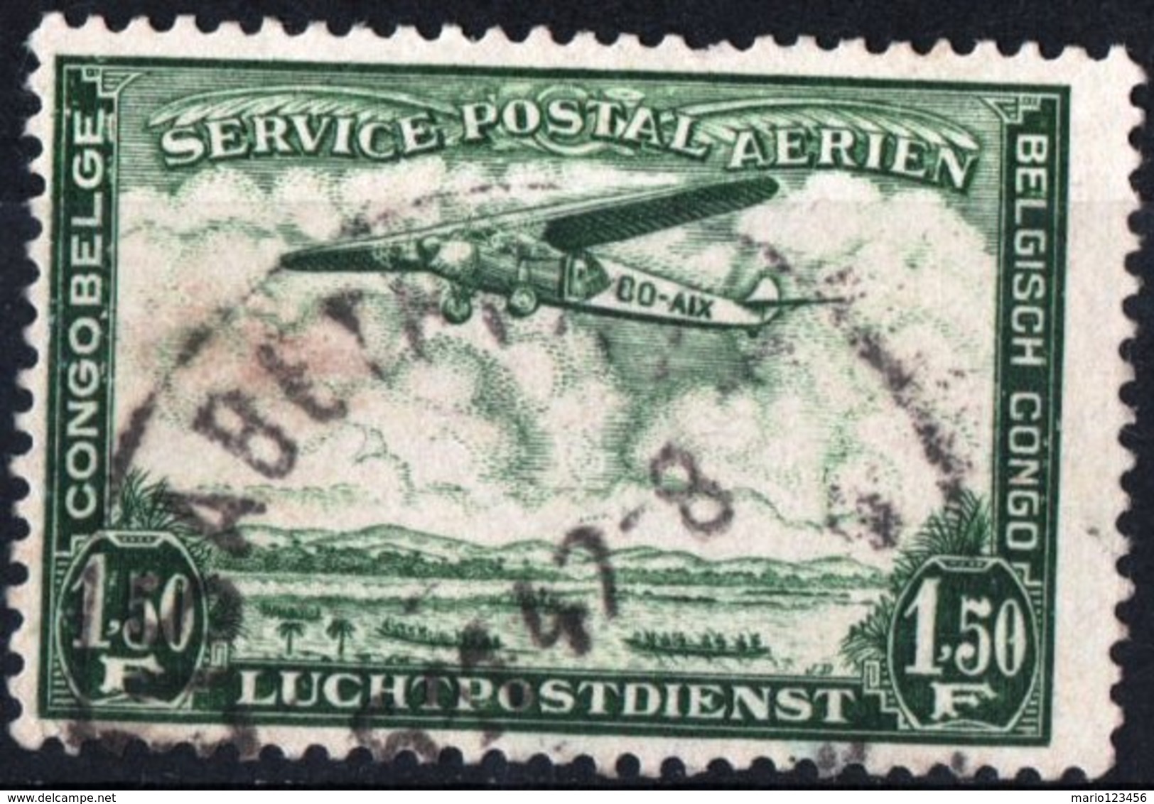 CONGO BELGA, BELGIAN CONGO, COLONIA BELGA, POSTA AEREA, AIRMAIL, 1921, FRANCOBOLLO USATO  Scott C9 - Gebraucht