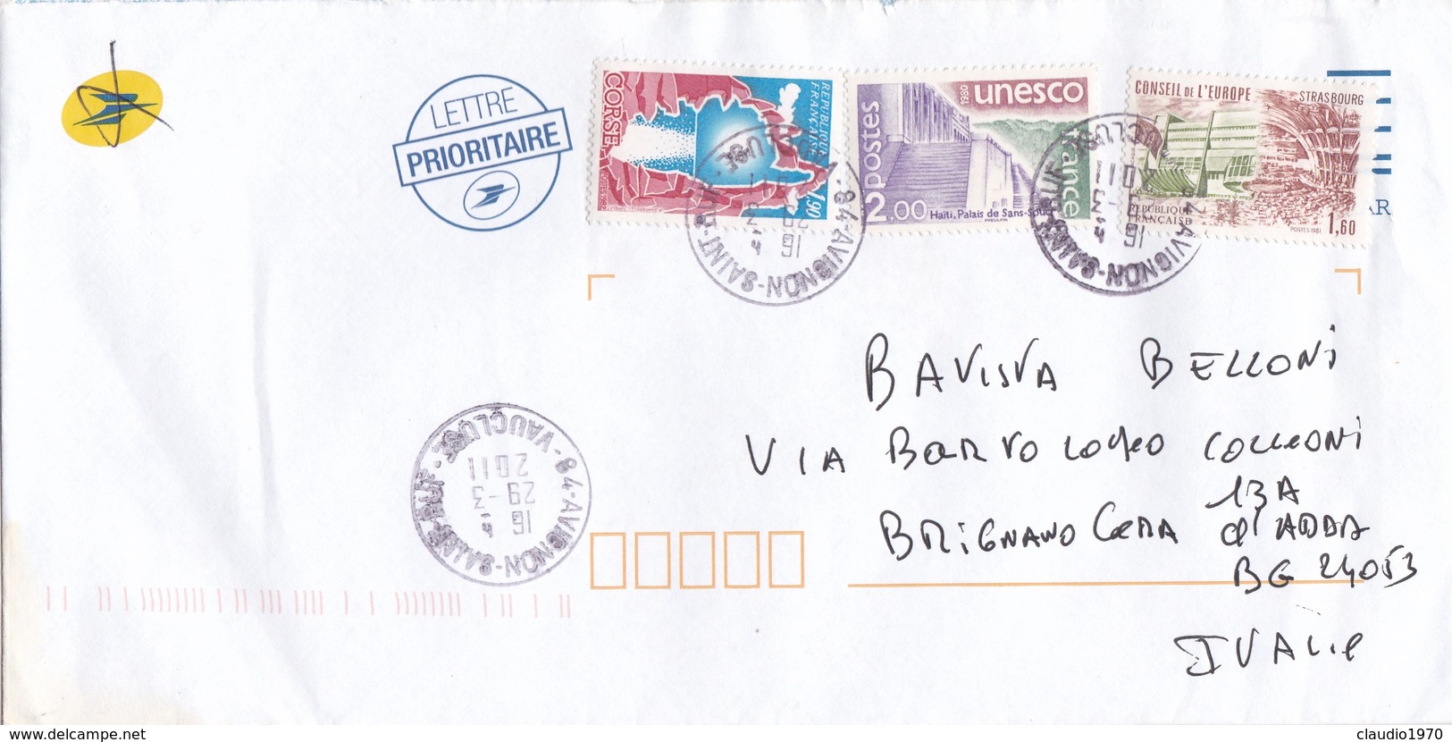 BUSTA VIAGGIATA  - FRANCIA - DESTINAZIONE  BRIGNANO CERA D' ADDA ( ITALIA ) 2011 - Covers & Documents