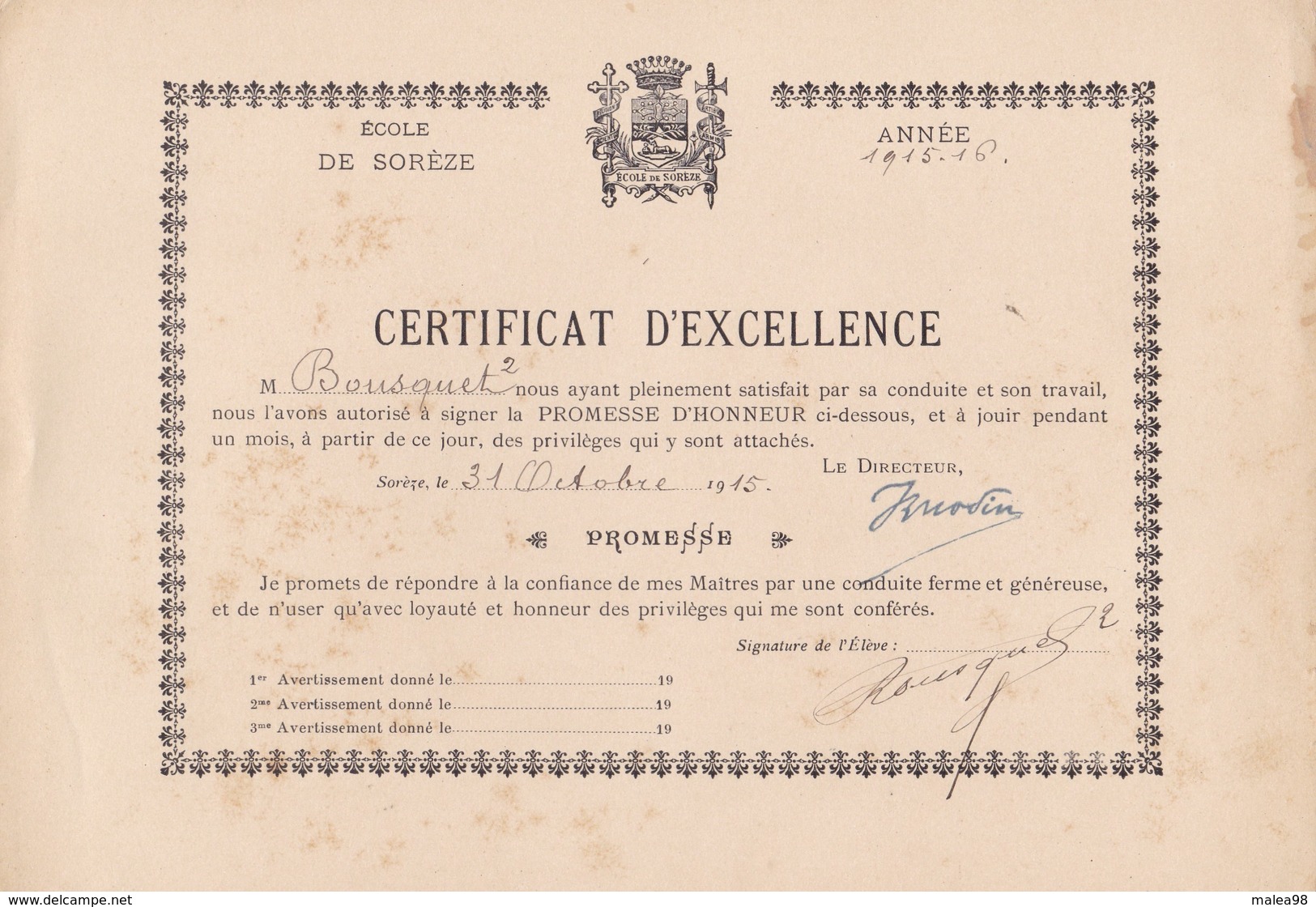 CERTIFICAT   D' EXCELLENCE ,,,,, 1915-  16,,,,,, - Diplômes & Bulletins Scolaires