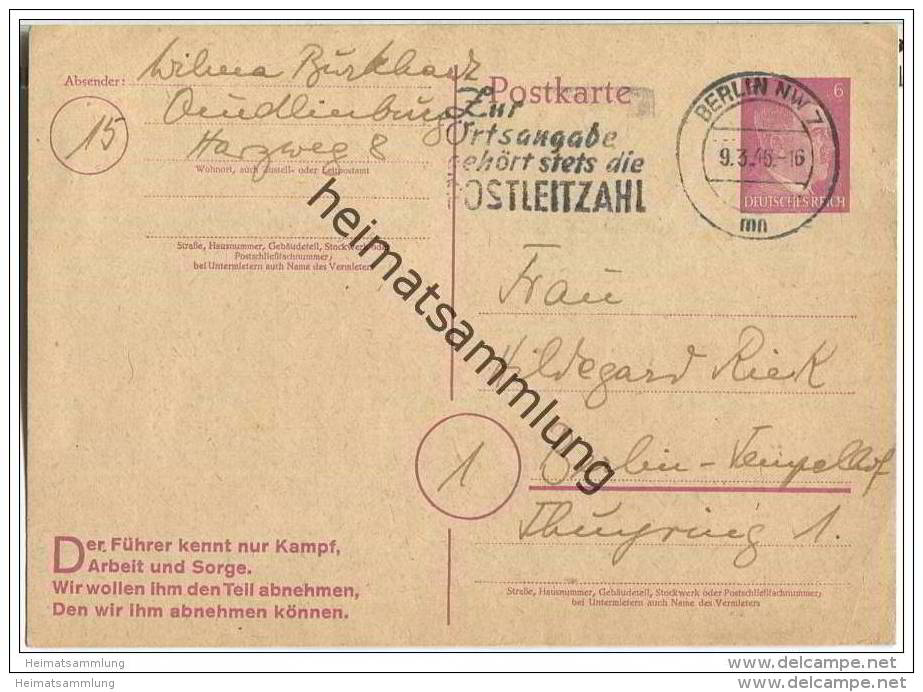 Postkarte 6 Rpfg. Mit Werbezudruck - Gelaufen Am 9.03.1945 Innerhalb Berlins - Späte Verwendung - Autres & Non Classés