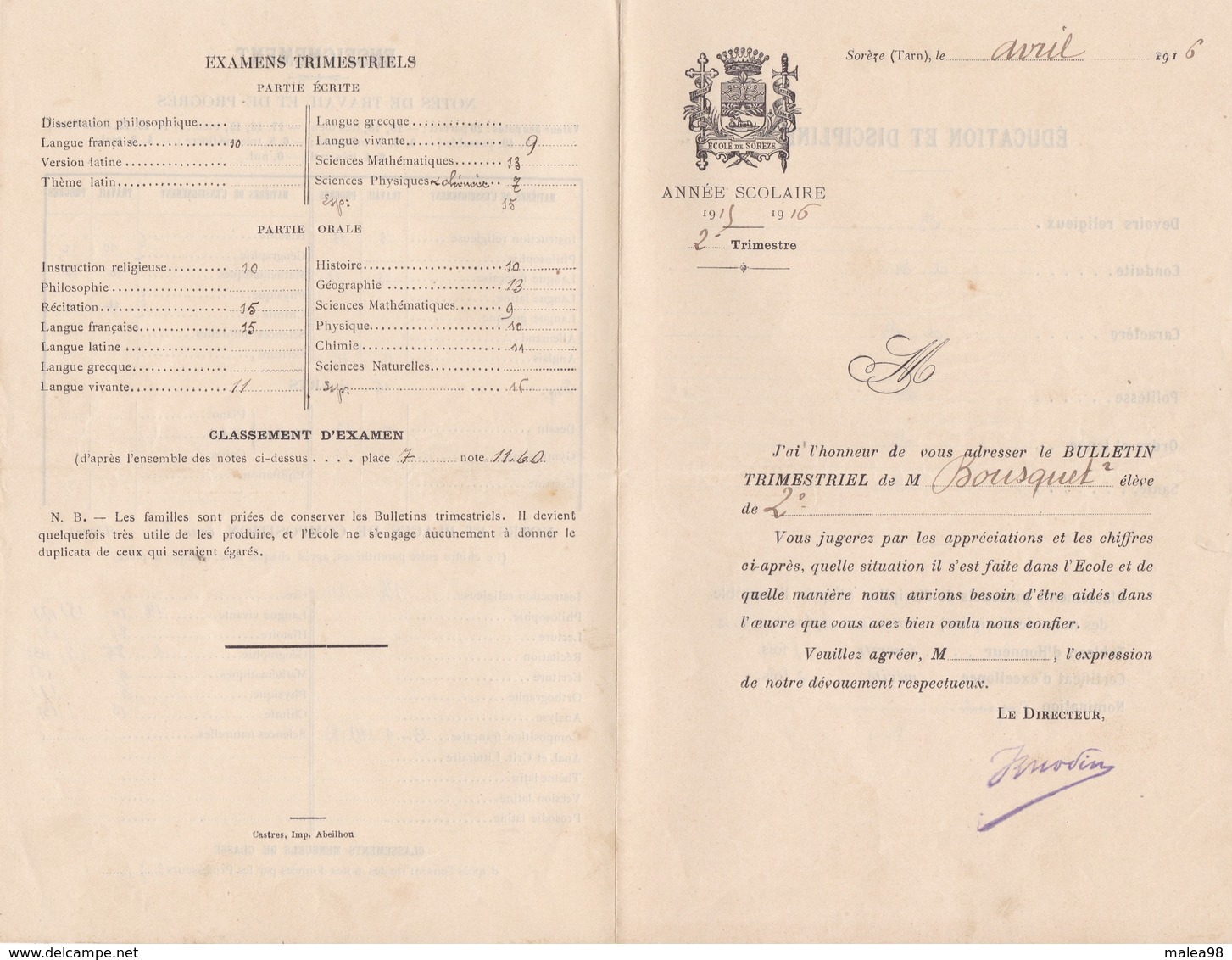 BULLETIN  SCOLAIRE,,,,, 1916 ,,,,,,  SOREZE ,,,,, - Diplômes & Bulletins Scolaires