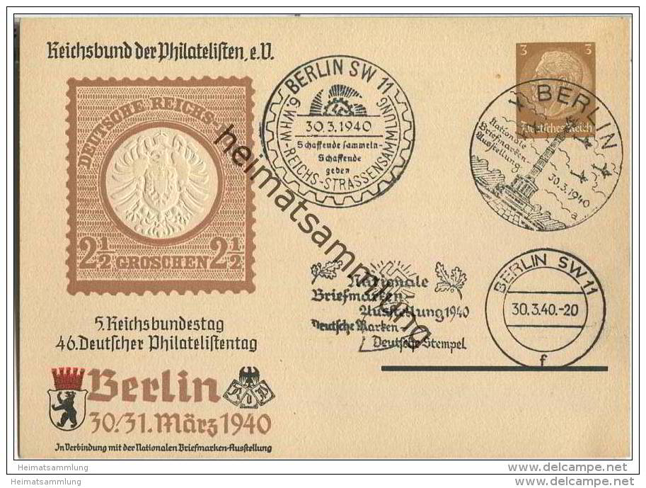 Postkarte - Privatganzsache 5. Reichsbundestag - 46. Deutscher Philatelistentag Berlin 1940 - Sonderstempel - Briefe U. Dokumente