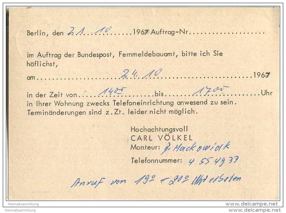 Postkarte - Berlin - Beidseitiger Zudruck Telefoneinrichtung - Gelaufen 1967 - Briefe U. Dokumente