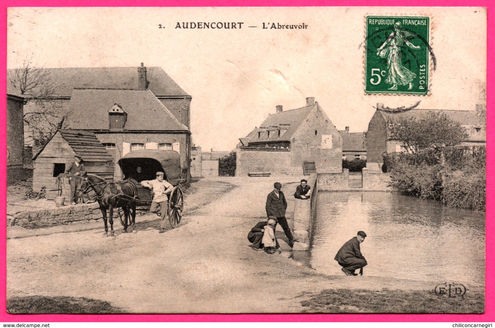 Audencourt - L'Abreuvoir - Calèche - Attelage - Belle Animation - Animée - E.L.D. - 1909 - Autres & Non Classés