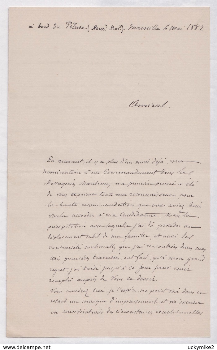 French 1882 Letter From The Commander Of The 'Peluse' (Captain? Raguier) On Voyage To Algeria And Alexandria.  Ref 0546 - Other & Unclassified