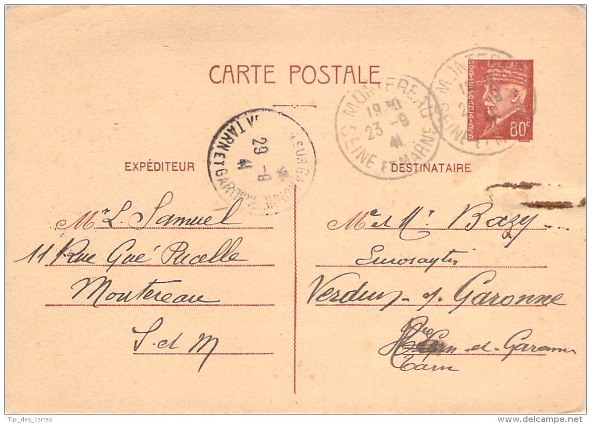 Entier Postal - Petain 80c Oblit Cad 1941 Montereau Pour Verdun-sur-Garonne - 1941-42 Pétain